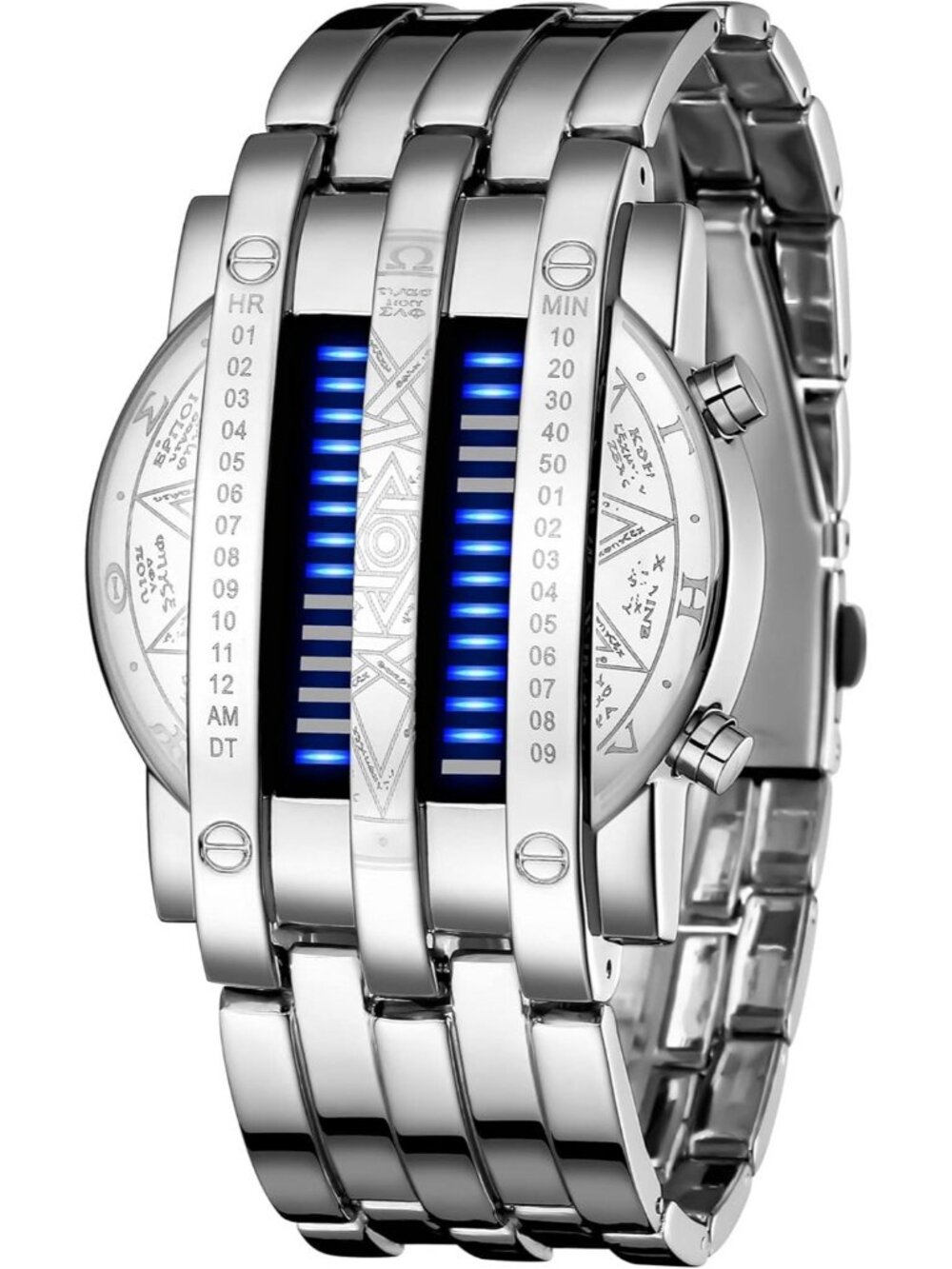 Men's Silver Blue Analog Quartz Bracelet Waterproof Binary Matrix Digital Watch